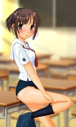 highres kimi_kiss kimi_kiss no_pants one-piece_swimsuit sakino_asuka school_swimsuit school_uniform seifuku serafuku shiukichi skirt_pull solo swimsuit swimsuit_under_clothes undressing