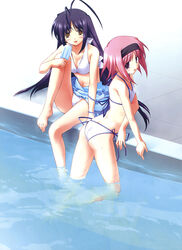 2girls ass back bikini brown_eyes female female_only hairband long_hair multiple_girls nagumo_sae pink_eyes pink_hair pool poolside popsicle purple_hair saishuu_shiken_kujira sarong submerged swimsuit yumesaki_haruka