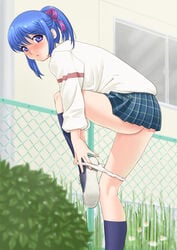 ass black_legwear black_socks blue_eyes blue_hair blush fence footwear hair_ribbon kneehighs leg_lift long_sleeves looking_at_viewer looking_back makochin miniskirt outdoors panties panty_pull plaid ponytail ribbon school_uniform seifuku serafuku shirt shoes skirt socks solo standing tartan tied_hair underwear undressing white_panties window