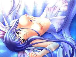 1girls areolae blue_eyes blue_hair blush breasts carnelian cum cum_on_body cum_on_breasts cum_on_upper_body dorothea_alstroemeris female game_cg head_fins headfins long_hair lying mermaid moldavite monster_girl nail_polish nipples nude solo topless very_long_hair