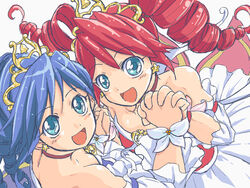 2girls blue_eyes blue_hair blush choker female female_only fine fushigiboshi_no_futago_hime maybe multiple_girls red_hair rein