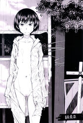 expressionless female flat_chest highres monochrome naked_coat nipples no_panties outdoors raincoat see-through shimimaru short_hair solo thigh_gap tsurime wet