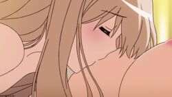 2girls animated animated_gif blonde_hair blush breast_sucking breasts collarbone couple curtains green_eyes kawamura_reo long_hair medium_breasts multiple_girls nipples official official_copyright sawaguchi_mai screencap screenshot sono_hanabira_ni_kuchizuke_wo sucking yuri