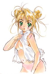 1girls aeru blonde_hair blush breasts double_bun female green_eyes hair_bun navel nishida_asako no_bra odango open_clothes open_shirt original panties pink_panties shirt simoun solo standing underboob underwear