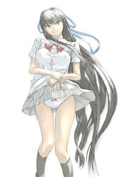 black_kneehighs black_legwear blouse bow bow_panties bowtie erect_nipples footwear hair_ribbon kneehighs long_hair miniskirt panties pantyshot pantyshot_(standing) plaid plaid_skirt ribbon school_uniform seifuku serafuku skirt socks tartan underwear very_long_hair white_panties wind_lift