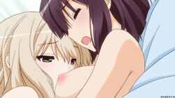 2girls animated animated_gif bed black_hair blonde_hair blush breasts censored closed_eyes collarbone couple fingering green_eyes kawamura_reo lying medium_breasts moaning multiple_girls nipples official pussy sawaguchi_mai screenshot sono_hanabira_ni_kuchizuke_wo watermark yuri