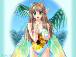 2002 antenna_hair antennae bare_shoulders brown_hair casual_one-piece_swimsuit fairy floral_print flower food forest green_eyes ice_cream insect_wings long_hair nature one-piece one-piece_swimsuit palm_tree pointy_ears shaved_ice smile solo sunflower swimsuit tree wallpaper wings