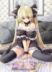 arm_support black_cat_(series) black_legwear black_thighhighs blonde_hair eve_(black_cat) frills gothic long_hair orange_peels panties pantyshot red_eyes sitting solo thighhighs twintails underwear white_panties