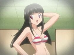 animated bikini black_hair female ichihara_momoko long_hair love_get_chu lowres purple_eyes solo striped swimsuit