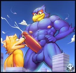 2018 2boys anthro anthro_on_anthro arwing avian balls canine city cum cum_on_face elfein erection falco_lombardi fox fox_mccloud gay humanoid_penis kneeling licking macro male male_only mammal muscular nintendo nude oral outside penis star_fox tongue tongue_out video_games yaoi