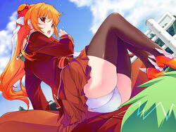 :o arm_support ass black_legwear black_thighhighs blazer blush bun_cover cloud cowgirl_position double_bun dutch_angle embarrassed female from_below game_cg green_hair high_heels long_hair looking_back looking_down lying manana min-naraken miniskirt on_back open_mouth orange_hair outdoors panties pantyshot pantyshot_(lying) pantyshot_(sitting) pantyshot_sitting pov red_eyes red_hair ribbon school_uniform seifuku shoes sitting sitting_on_lap sitting_on_person skirt sky tenjou_shun'ichi tenjou_shunichi thighhighs ultra_mahou_shoujo_manana underwear upskirt white_panties