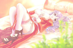 bed erect_nipples frilled_thighhighs frills garter_belt high_heels high_priest lace-trimmed_panties long_hair lying panties pillow pink_eyes pink_hair priestess ragnarok_online shoes solo thighhighs underwear white_legwear white_panties white_thighhighs