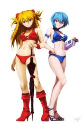 2girls armband asuka_langley_sohryu bikini blonde_hair blue_eyes blue_hair boots breasts choker erect_nipples female hair hand_on_hips high_heels highres human kobayashi_yuji light-skinned_female light_skin long_hair multiple_girls neon_genesis_evangelion orange_hair pale-skinned_female pale_skin race_queen red_eyes red_hair rei_ayanami shoes short_hair small_breasts smile standing swimsuit umbrella