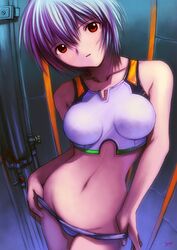 1girls blue_hair breasts clothing curvy female gainax hair hands_on_hips highres human kobayashi_yuji looking_at_viewer lowleg lowleg_panties medium_breasts midriff mound_of_venus navel neon_genesis_evangelion pale-skinned_female pale_skin panties panty_pull pilot_suit plugsuit posing red_eyes rei_ayanami short_hair signature solo standing underwear white_panties