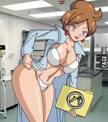 1girls aurea_juniper blush bra breasts cleavage earring exhibitionism female human jewelry mature_female milf nintendo panties photo_background pokemon pokemon_bw pokemon_professor sakaki_(artist) smile solo white_bra white_panties zage_inc