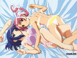 bed feet female garters kokubunji_koyori lingerie multiple_girls nakahara_komugi nurse_witch_komugi-chan red_hair underwear undressing wallpaper yuri