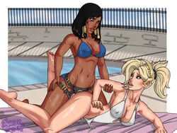 2girls bikini black_hair blonde_hair blue_eyes breasts cleavage dark-skinned_female dark_skin female female_only from_behind interracial jzerosk mercy multiple_girls nipple_bulge one-piece_swimsuit overwatch pharah poolside sex side-tie_bottom strap-on string_bikini tattoo untied yuri