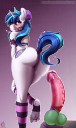 2018 anthro ass blue_hair blue_tail blush cutie_mark dildo equine feet female femboy friendship_is_magic furry gleaming_shield_(mlp) hair_ribbon hairbow highres horn humanoid_feet long_hair looking_at_viewer mammal my_little_pony ribbons rule_63 sex_toy shining_armor_(mlp) solo sugarlesspaints thighhighs unicorn