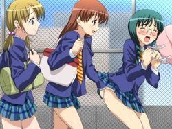 ass ass_grab blazer blonde_hair breast_grab breasts brown_hair female girls_high glasses green_hair joshi_kousei multiple_girls necktie panties sanshita sato_ayano satou_ayano school_uniform seifuku striped striped_necktie suzuki_yuma takahashi_eriko underwear white_panties yuri