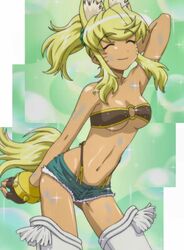 animal_ear animal_ears animal_tail bandeau bandeau_bikini blonde_hair blue_eyes cap cutoffs dark_skin denim denim_shorts dog_ear liru long_hair monster_girl renkin_san-kyuu_magical_pokaan screencap screenshot shorts solo stitched tail wolf_ear wolf_tail