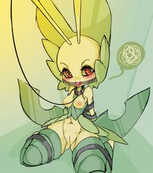 anthro blush bondage breasts collar female inverted_nipples leash leavanny nintendo nipples pokemon pokemon_bw pussy red_eyes slugbox solo video_games