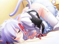 all_fours animal_ears bed blue_hair blush bra cat_ears crotch_rub frills game_cg garter_belt gayarou humping kotonomiya_yuki lace lace-trimmed_thighhighs lingerie maid masturbation mouth_hold nipples no_panties orz photoshop pillow pillow_humping pillow_sex solo suigetsu sweat thighhighs underwear white_legwear white_thighhighs