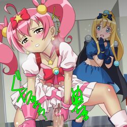 alpha_omega alpha_omega_(cosplay) backpack blonde_hair blue_eyes blush bridget_evans brown_eyes cape censored clothed_sex cosplay cowgirl_position eye_contact gloves guided_penetration hair holding_penis hoshikuzu_witch_meruru koyopi kurusu_kanako long_hair looking_at_another magical_girl meruru_(oreimo) meruru_(oreimo)_(cosplay) multiple_girls my_little_sister_can't_be_this_cute open_mouth ore_no_imouto_ga_konna_ni_kawaii_wake_ga_nai partial_male penis penis_grab penis_hold pink_hair ponytail pov pov_eye_contact randoseru sex skirt straddle tied_hair twintails