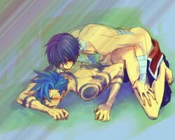 2boys anal blue_hair blush closed_eyes clothed_male_nude_male clothed_on_nude cmnm doggy_style garlock_simon gay kamina male multiple_boys penetration simon_(tengen_toppa_gurren_lagann) tengen_toppa_gurren-lagann tengen_toppa_gurren_lagann wince yaoi