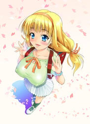 1girls asaki_takayuki backpack bag big_breasts blonde_hair blue_eyes blush breasts erect_nipples female from_above hairband huge_breasts large_breasts long_hair original randoseru ribbon ribbons skirt solo tied_hair twintails