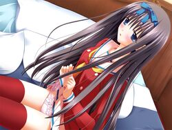 bed blush game_cg hair_ribbon mochizuki_tsukasa ojousama_kumikyoku panties pink_panties red_legwear red_thighhighs ribbon skirt skirt_lift solo tatsumi_neon thighhighs underwear