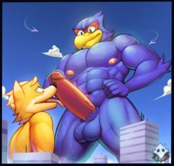 2018 2boys anthro anthro_on_anthro arwing avian balls canine city elfein erection falco_lombardi fox fox_mccloud gay humanoid_penis kneeling licking macro male male_only mammal muscular nintendo nude oral outside penis star_fox tongue tongue_out video_games yaoi