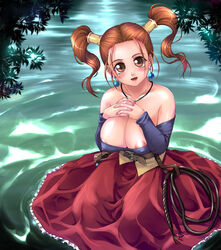 1girls blush breast_suppress breasts cleavage clothing dragon_quest dragon_quest_viii dress erect_nipples erect_nipples_under_clothes female female_only highres huge_breasts human jessica_albert large_breasts shinozuka_jouji solo strapless_dress tied_hair twintails water