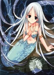 1girls artbook blue_tail female female_only highres jewelry jpg long_hair mermaid monster_girl nanase_aoi necklace seven_colors_of_the_wind silver_hair solo water wet