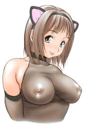 animal_ears areola areolae big_breasts breasts brown_hair cat_ears collar elbow_gloves gloves large_breasts nipples no_bra orange_brand see-through short_hair smile