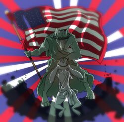 2018 abstract_background american_flag animate_inanimate arctic_hare balls canine crown digitigrade female flag forced furrymoan hand_on_balls hand_on_head lana_(furrymoan) larger_male male mammal oral paws predator/prey sculpture size_difference statue straight wiley_(unfoundedanxiety) wolf