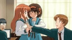 1boy 2boys 2girls animated asahina_mikuru assisted_breast_grab assisted_grope breast_grab breasts brown_hair cap computer_club_president gif guided_breast_grab lowres original_footage school_uniform screencap seifuku serafuku short_hair suzumiya_haruhi suzumiya_haruhi_no_yuuutsu