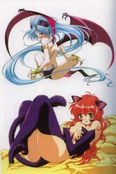 2girls animal_ears armlet back bat_wings bed bell bell_collar bikini blue_hair breasts bridal_gauntlets cat_ears catgirl cleavage collar delta delta_(words_worth) demon_girl facial_mark feet female female_only forehead_mark from_behind fur gloves head_wings highres long_hair looking_back lying monster_girl multiple_girls nail_polish neena nina_(words_worth) official_art on_back pointy_ears red_eyes red_hair rin-sin scan sitting smile succubus succubus_wings swimsuit tail thighhighs toes very_long_hair wings words_worth yellow_eyes