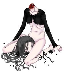 1girls anorexia beige_skin black_hair bottomless color decapitation eyes female female_only flower guro hair head human injury kneeling long_hair open_eyes open_wound ribs severed_head simple_background skin skinny solo spine vertebrae white_background wound