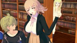 1boy 2girls 3d akamatsu_kaede bangs blonde_hair blush books bookshelf breasts clothed_female_nude_female clothed_male_nude_female completely_nude completely_nude_female covering covering_breasts danganronpa danganronpa_2:_goodbye_despair danganronpa_v3 embarrassed embarrassed_nude_female exposed_breasts eyelashes female hair_ornament hiding huge_breasts indoors large_breasts light-skinned_female light_skin long_hair looking_at_another male multiple_girls nanami_chiaki nude_female open_clothes open_mouth parted_bangs pink_eyes pink_ribbon public_exposure public_humiliation public_nudity rantaro_amami sinnsi standing straight straight_hair