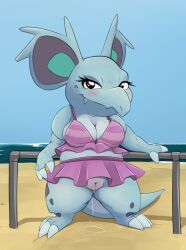 anthro blush bodily_fluids breasts clothed clothing female genital_fluids genitals hi_res honeymono looking_at_viewer mammal nidorina nintendo outside pokémon_(species) pokemon pussy seaside smile solo video_games