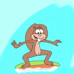 animated breasts brown_body brown_fur buckteeth crouching female feral flat_chest flat_chested fur furry furry_only genitals looking_down mammal nickelodeon nude pussy rodent sandy_cheeks sciurid sea solo spanky15 spongebob_squarepants surfing teeth water