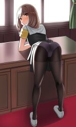 1girls ass bangs bent_over black_legwear black_pantyhose blush brown_eyes brown_hair cleft_of_venus female female_only from_behind human iino_miko indoors kaguya-sama_wa_kokurasetai_~tensai-tachi_no_renai_zunousen~ kneepits legs long_hair looking_at_viewer looking_back low_twintails madaotheory panties pantyhose presenting school_uniform skirt solo thighs twintails upskirt white_panties