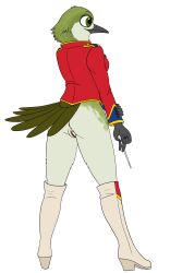 absurd_res anthro anus ass avian bird boots bottomless clothed clothing female fish_birb footwear genitals hi_res hummingbird marching marching_band marching_band_uniform pussy red_clothing sarah_(fish_birb) solo uniform