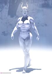 1girls 2022 3d abs demon demon_girl devil devil_girl elf_ears female female_only glowing_eyes gray_body grey_body horns huge_breasts ice muscular muscular_female necrophage outdoor outdoor_nudity outdoors outside pointy_ears slushe_(website) solo solo_female standing white_body white_skin winter