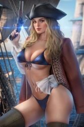 1girls ayyasap big_breasts bikini blonde_female blonde_hair breasts brown_hair cleavage coat_on_shoulders disney elizabeth_swann flintlock_pistol keira_knightley long_hair looking_back pirate pirate_girl pirate_hat pirate_ship pirates_of_the_caribbean realistic thick_thighs