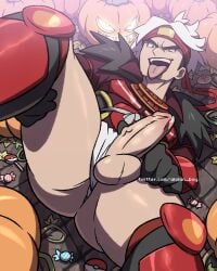 alolan_boy candy dick fanart gay grabbing_own_leg guzma_(pokemon) halloween male_only pokemon pokemon_sm precum_drip presenting_penis pumpkin tongue_out underwear watermark white_hair white_underwear