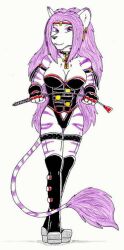 anthro big_daddy_cruel black_collar breasts clothing collar corset dominant dominant_anthro dominant_female ear_piercing ear_ring felid feline female hair lingerie mammal piercing purple_hair riding_crop simple_background solo standing topwear whip white_background