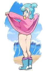 blue_hair bottomless bulma's_panty_flash bulma_briefs butt_crack canonical_scene datskelebutt dragon_ball dragon_ball_(classic) flashing mooning no_panties nude nude_female teenage_bulma teenager