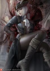 1girls bloodborne boots clothing female female_only fromsoftware hat lady_maria_of_the_astral_clocktower light-skinned_female olesyaspitz painting_(artwork) pale-skinned_female solo tight_clothing white_hair