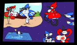 anthro ass avian balls beach bicycle big_breasts big_butt big_penis bikini bikini_top bird blue_jay breasts cardinal_(bird) cartoon_network clothed clothing corvid dream duo female frozen genitals jay_(bird) male margaret_smith_(regular_show) masturbation mordecai_(regular_show) muscular new_world_jay oscine passerine penis regular_show seaside shirt superiorfox surprised_expression swimwear thick_thighs topwear